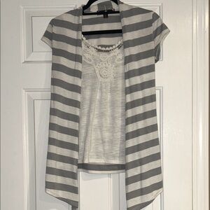 Gray and White Striped Cardigan with Lace Top